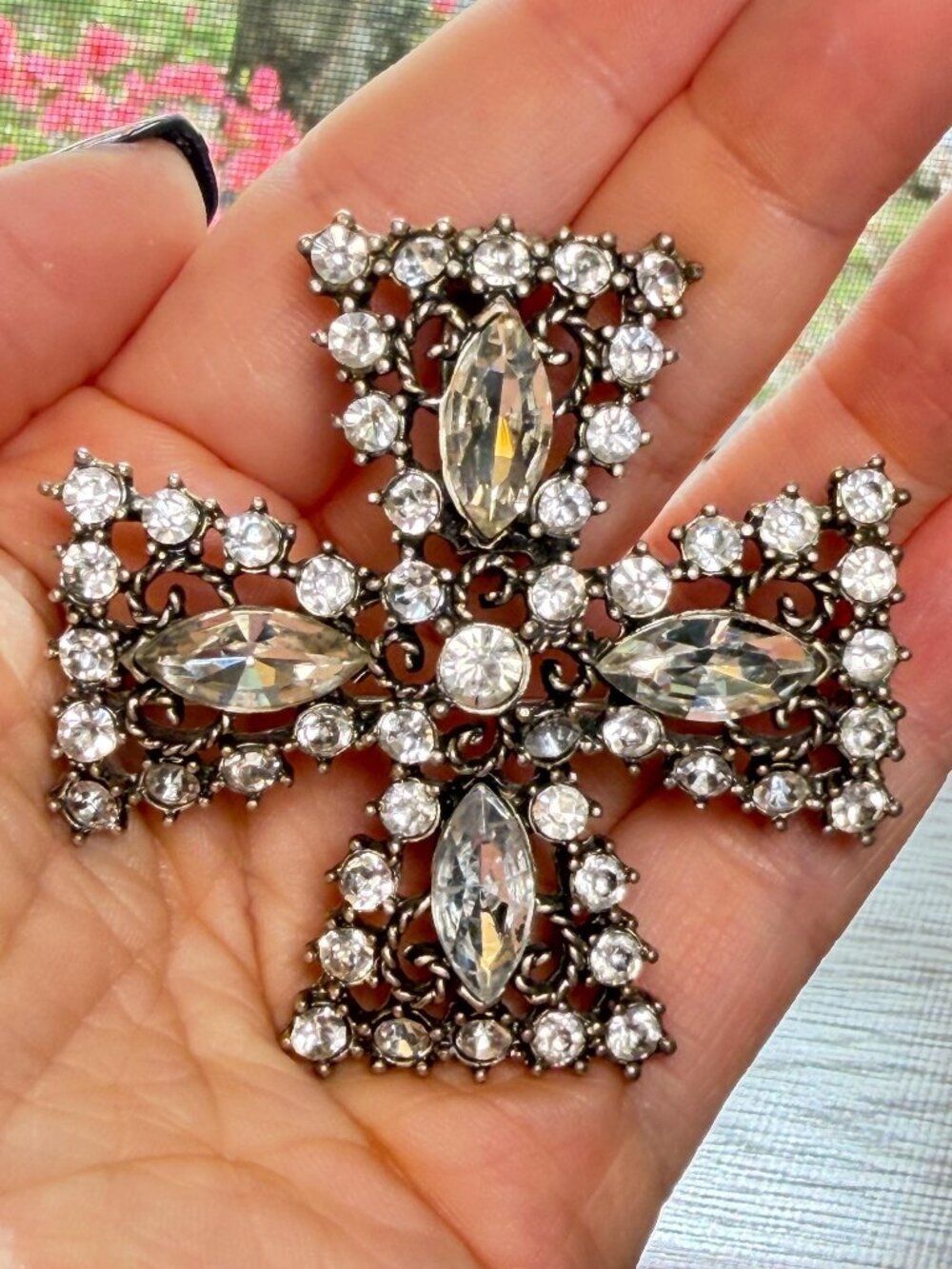 Cross Brooch Vintage Rhinestone Pendant LD Crown Mark Silver Tone 2.5”